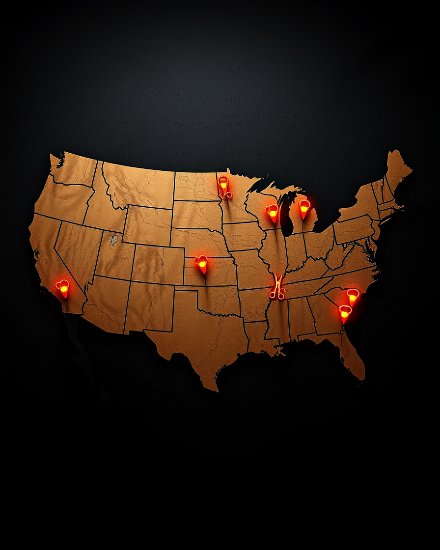 Map of the United States with barber scissors marking cities